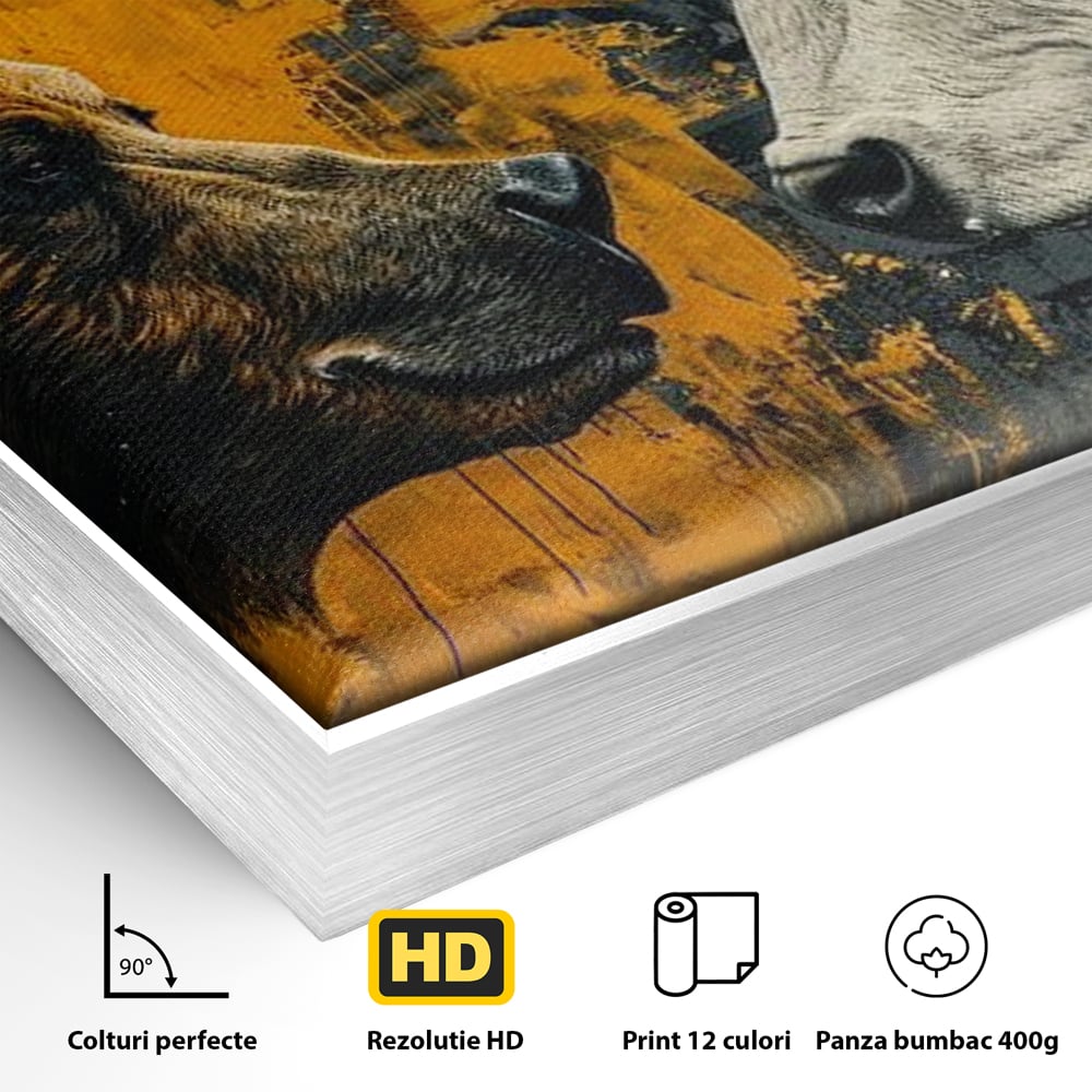 Detaliu al suprafetei: tablou canvas cu urs si taur, in rama de aluminiu argintiu